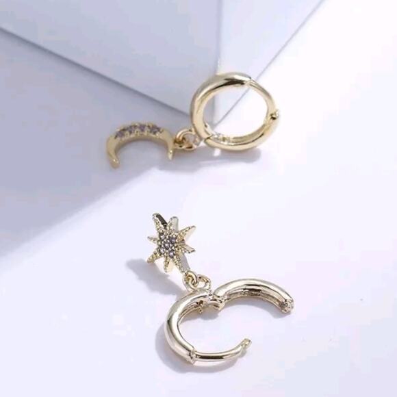 NEW! Celestial Moon & Star Gold + Rhinestone Huggie Hoop Tiny Charm Earrings 5&2 - Picture 10 of 15